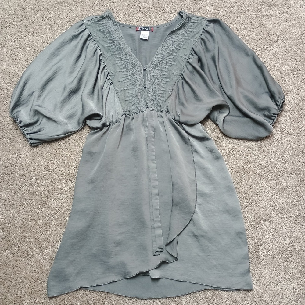 Trixxi Grey Silky Dress Balloon Sleeve Lace Flowy Size Small